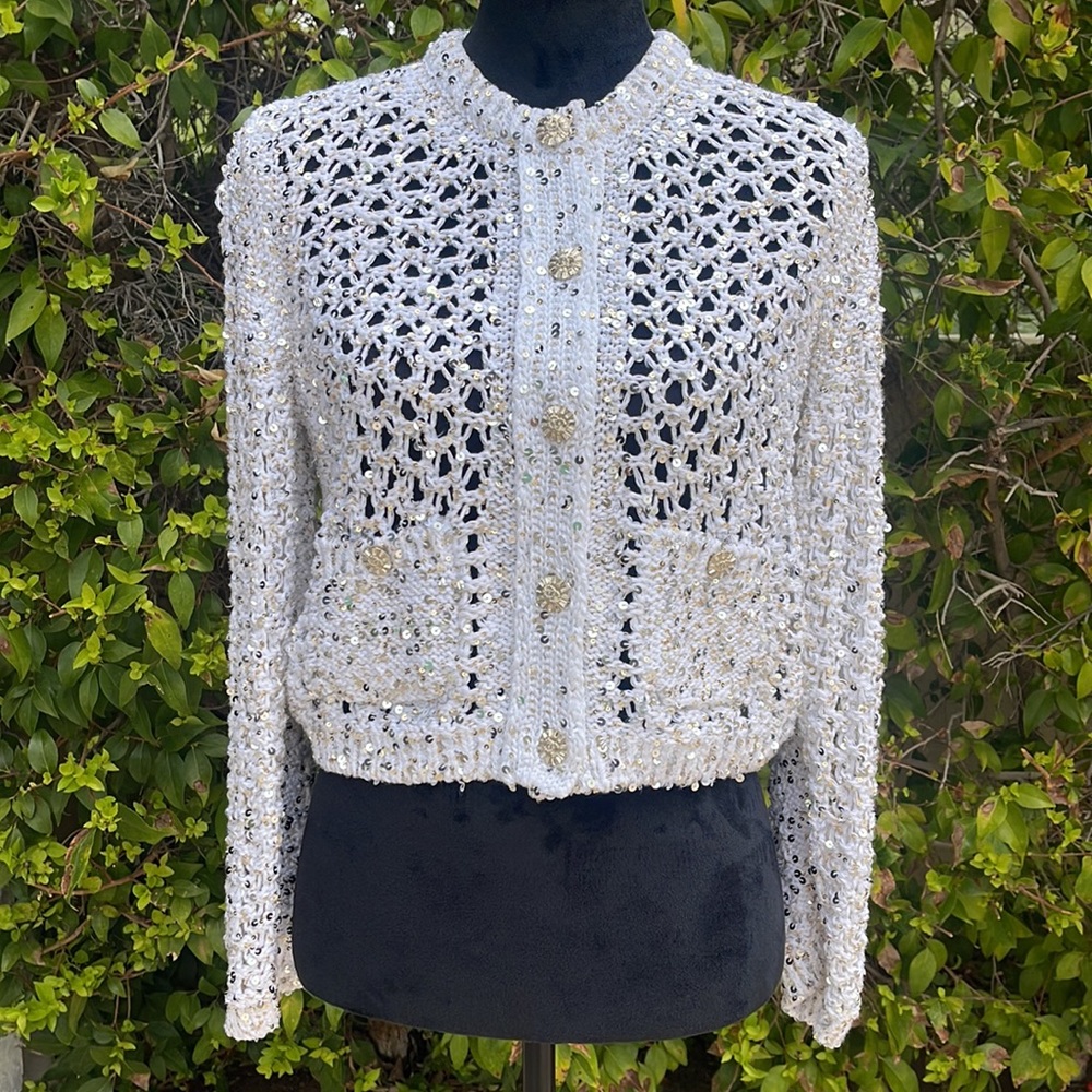 UNWORN Size 36 CHANEL White Cardigan Sweater with Sequins and Crystal Buttons